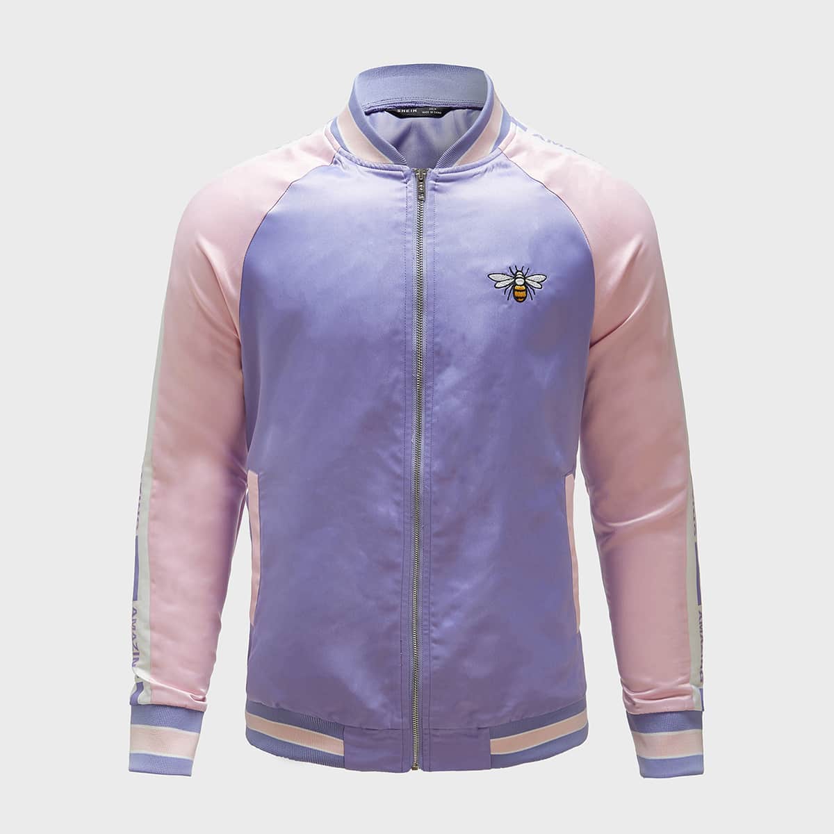 

Guys Embroidery Bee Colorblock Zipper Placket Bomber Jacket, Multicolor