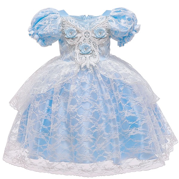 

Toddler Girls Puff Sleeve Lace Overlay Princess Dress, Baby blue
