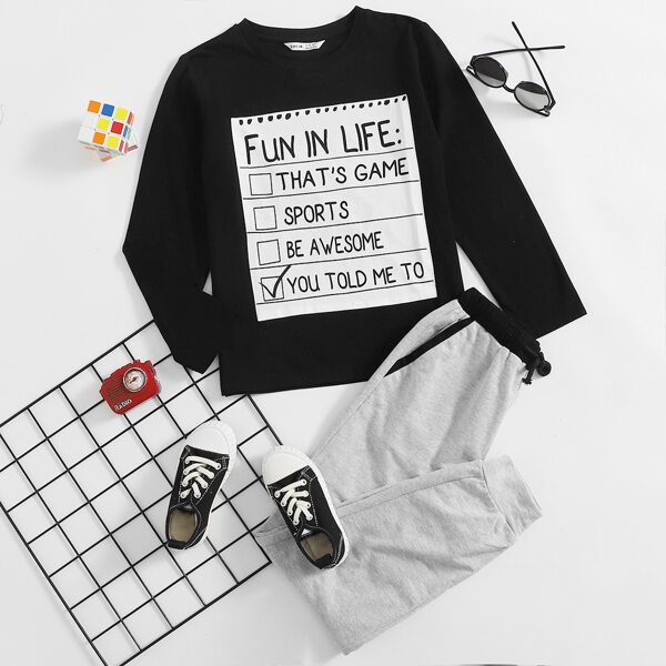 

Boys Slogan Graphic Top & Knot Waist Joggers Set, Multicolor