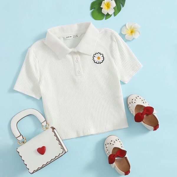 

Girls Embroidery Floral Rib-knit Half Placket Tee, White