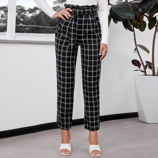 

Paperbag Waist Buckle Belted Plaid Pants, Black