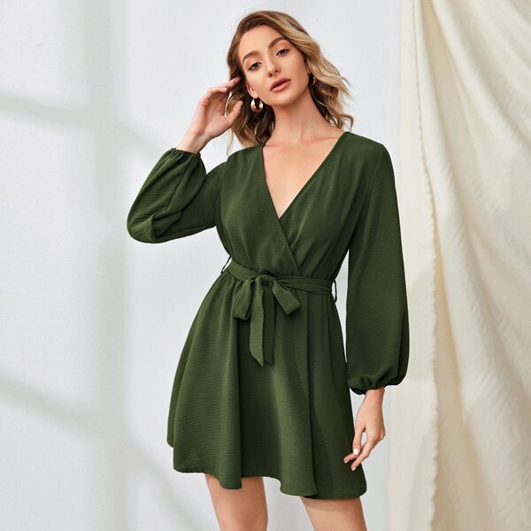 

Surplice Neck Self Tie Dress, Army green