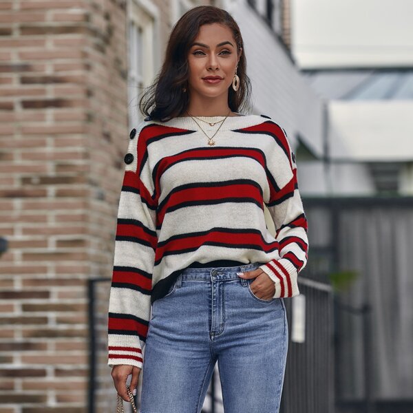 

Striped Drop Shoulder Button Detail Sweater, Multicolor