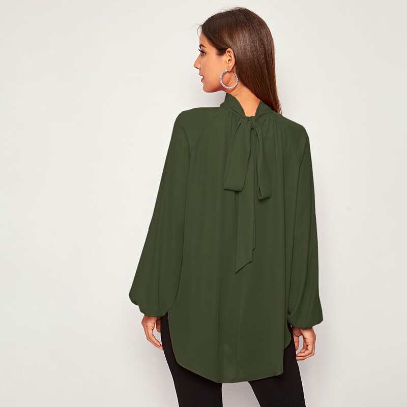 

Tie Back Lantern Sleeve Dip Hem Top, Army green