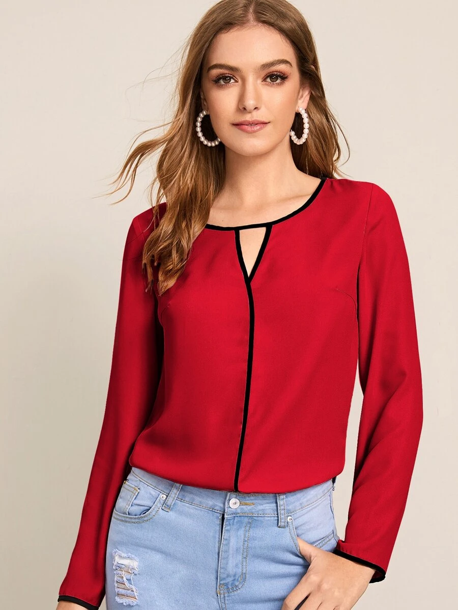 SHEIN Clasi Contrast Binding Peekaboo Top - Red - View 1
