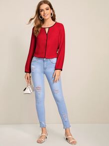 SHEIN Clasi Contrast Binding Peekaboo Top - Red - View 4