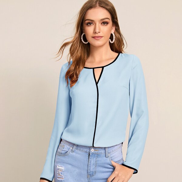 

Contrast Binding Peekaboo Top, Pastel baby blue