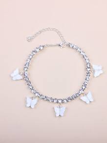 Butterfly Charm Rhinestone Decor Anklet - Silver - View 1