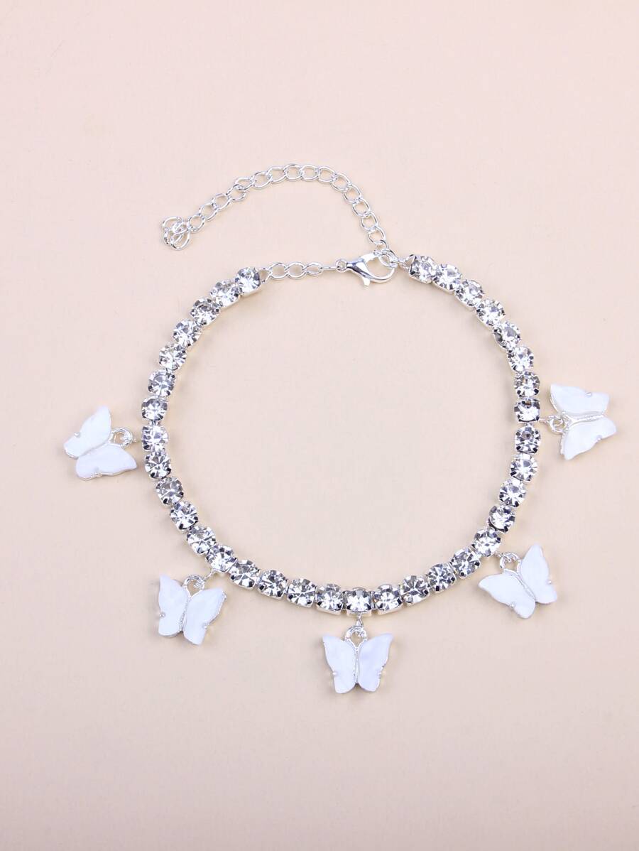 Butterfly Charm Rhinestone Decor Anklet - Silver - View 1
