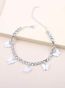 Butterfly Charm Rhinestone Decor Anklet - Silver - View 2