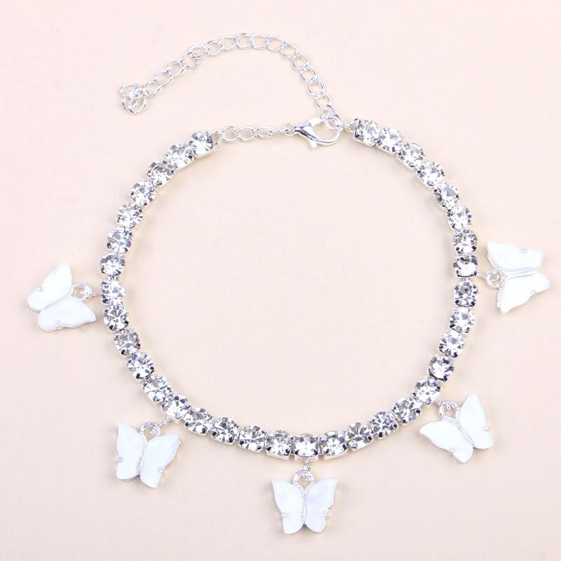 

Butterfly Charm Rhinestone Decor Anklet, Silver