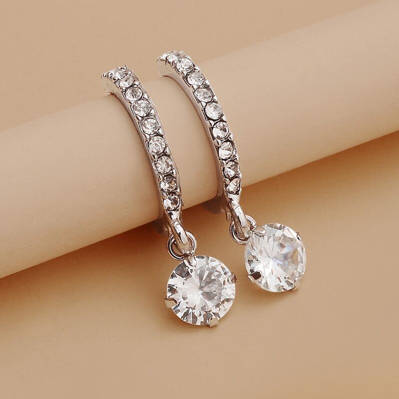 

Rhinestone Round Drop Earrings, Silver