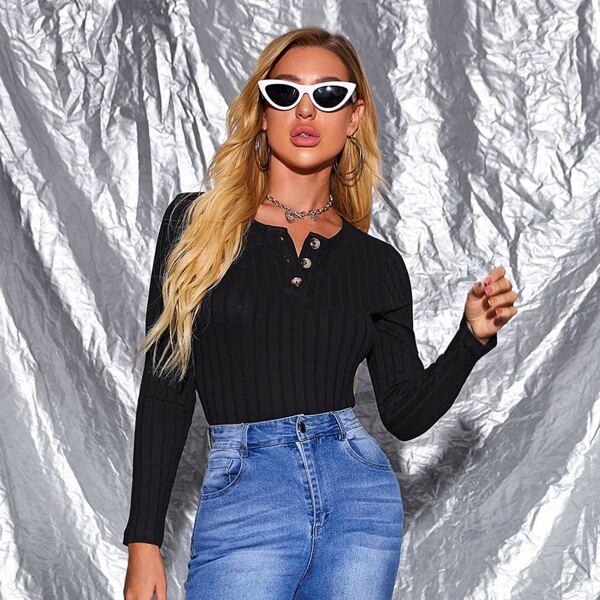 

Buttoned Half Placket Rib-knit Top, Black