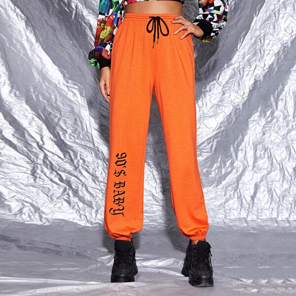 

Drawstring Waist Letter Graphic Sweatpants, Orange neon
