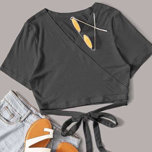 

Plus Solid Rib-knit Tie Front Wrap Tee, Dark grey