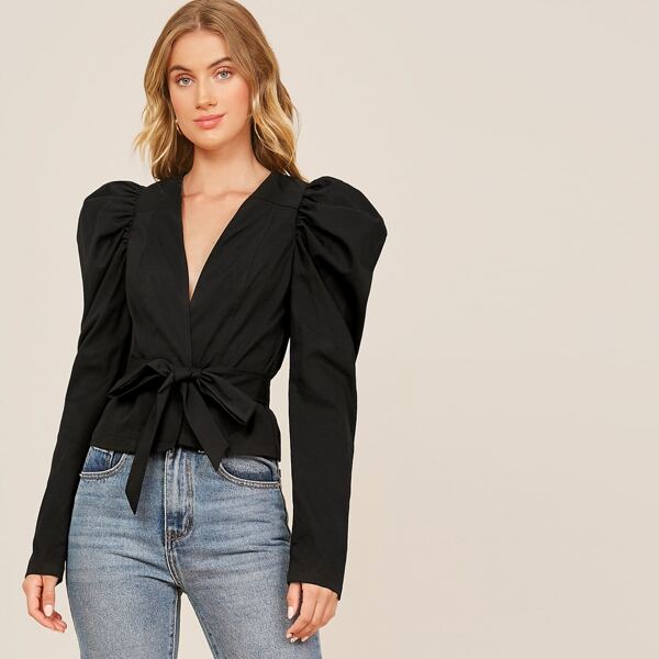 

Leg-of-mutton Sleeve Self Belted Jacket, Black