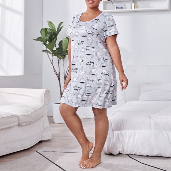 

Plus Letter & Cartoon Graphic Night Dress, Light grey