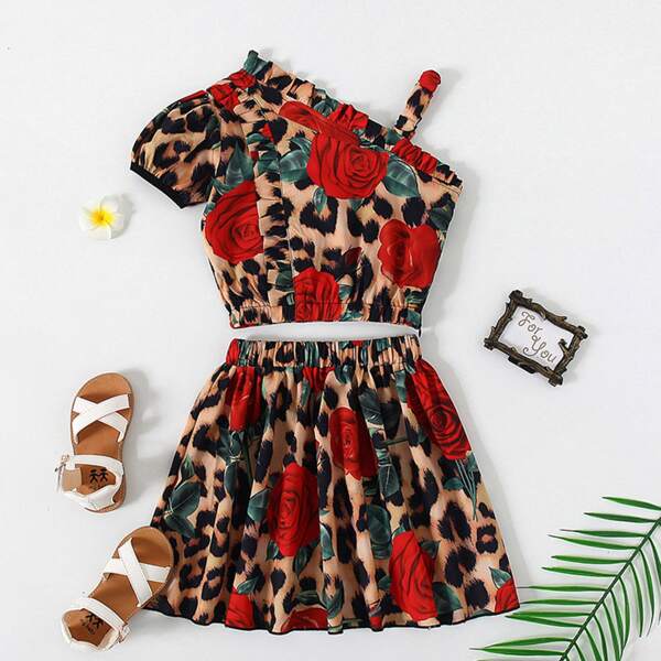 

Toddler Girls Floral & Leopard Print Asymmetrical Neck Top & Skirt, Multicolor