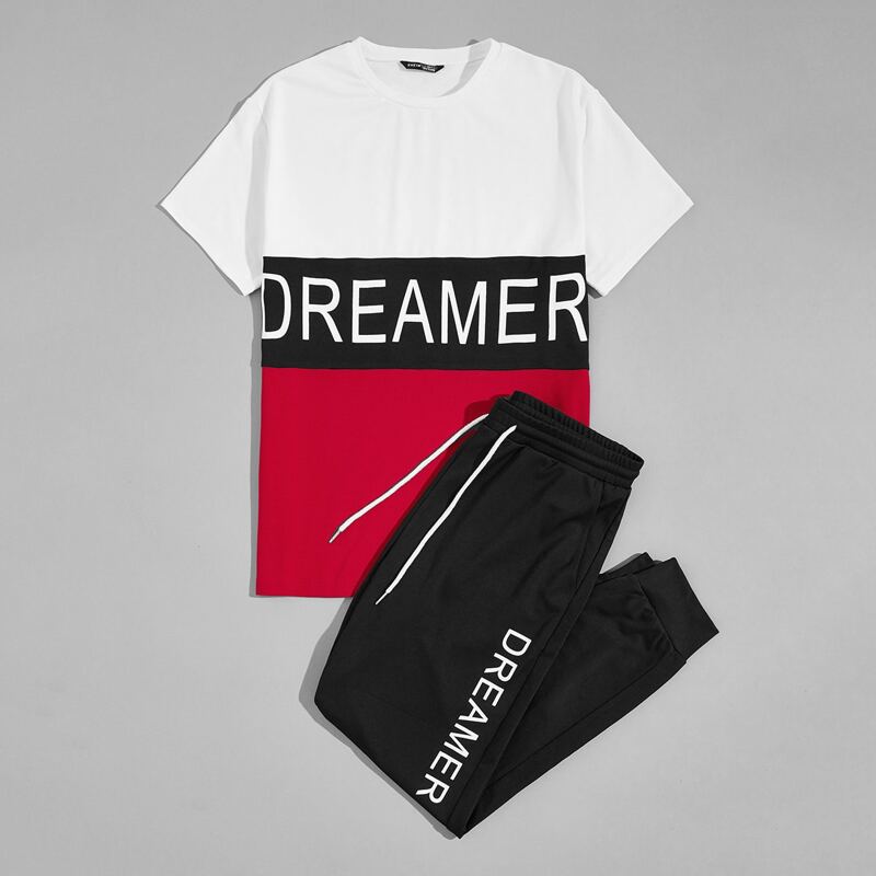 

Guys Colorblock Letter Graphic Top & Sweatpants Set, Multicolor