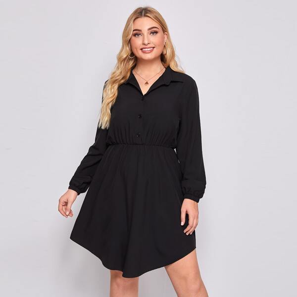 

Plus Button Front Curved Hem Shirt Dress, Black