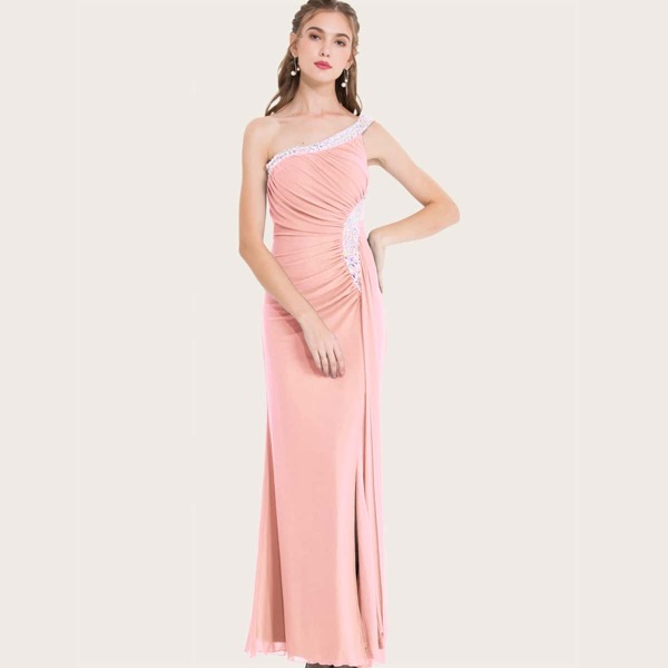 

One Shoulder Draped Rhinestone Prom Dress, Baby pink
