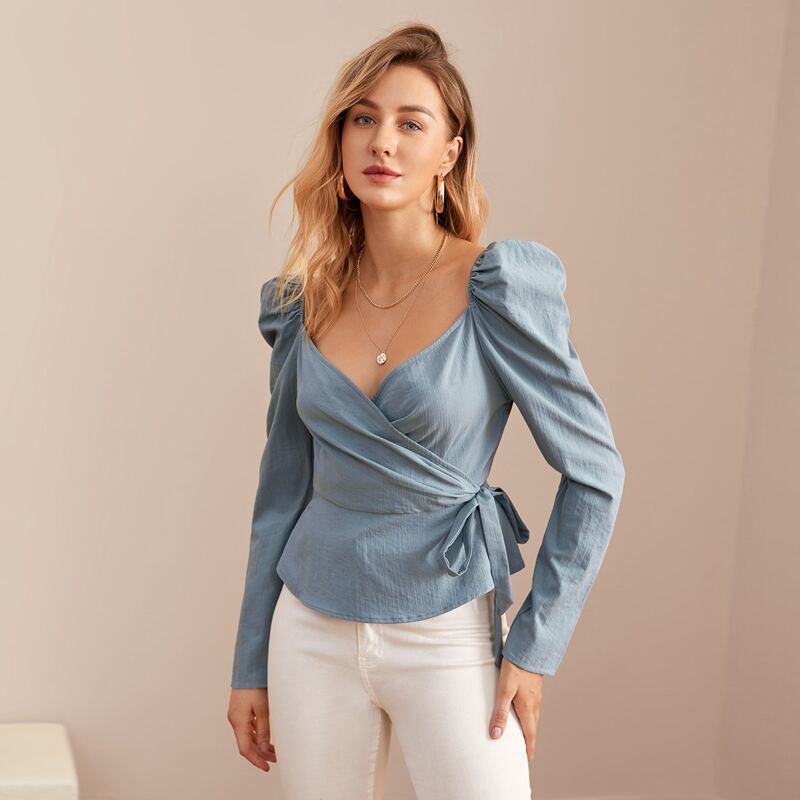

Leg-of-mutton Sleeve Wrap Tie Side Peplum Top, Dusty blue