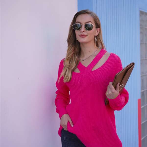 

Solid Ribbed Knit Cut Out Sweater, Hot pink
