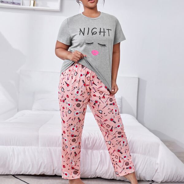 

Plus Letter and Figure Graphic Top & Allover Print Pants PJ Set, Multicolor