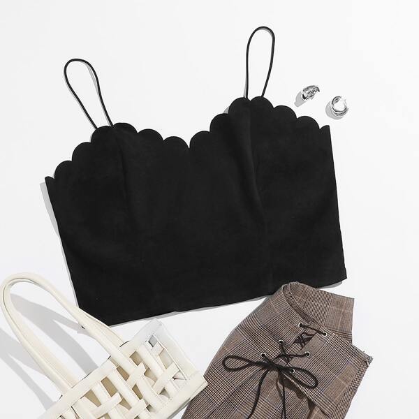 

Plus Scallop Trim Suede Cami Top, Black