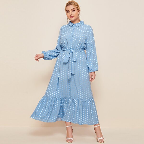 

Plus Lantern Sleeve Flounce Hem Polka Dot Self Belted Shirt Dress, Baby blue