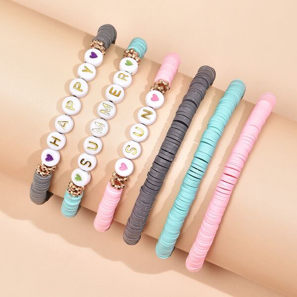 

6pcs Letter Design Beaded Bracelet, Multicolor