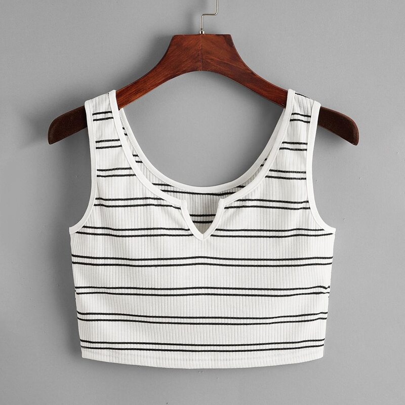 

Notched Neck Striped Crop Tank, White