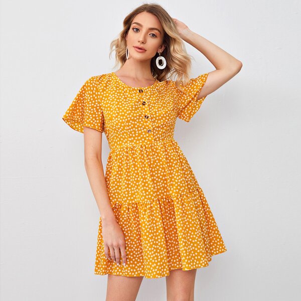

Half Button Ditsy Floral Dress, Yellow