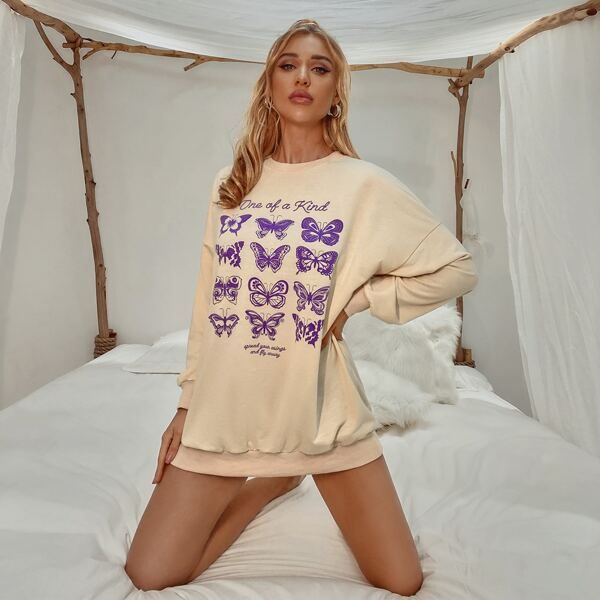 

Butterfly And Letter Graphic Oversized Sweatshirt, Khaki