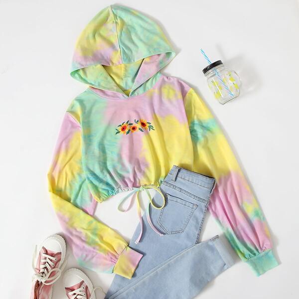 

Tie Dye Floral Print Drawstring Hem Hoodie, Multicolor