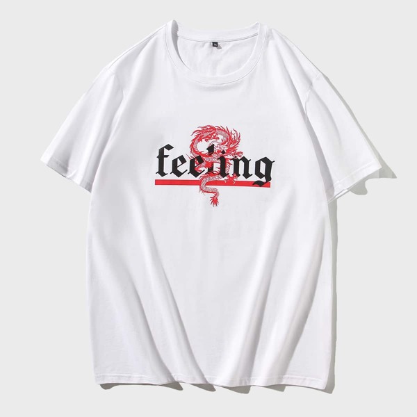 

Men Chinese Dragon And Letter Graphic Tee, White