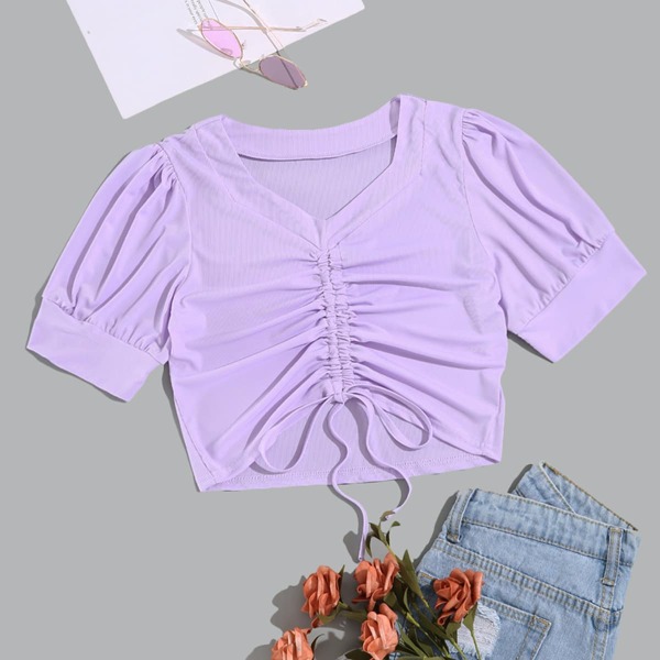 

Solid Drawstring Front Crop Tee, Lilac purple