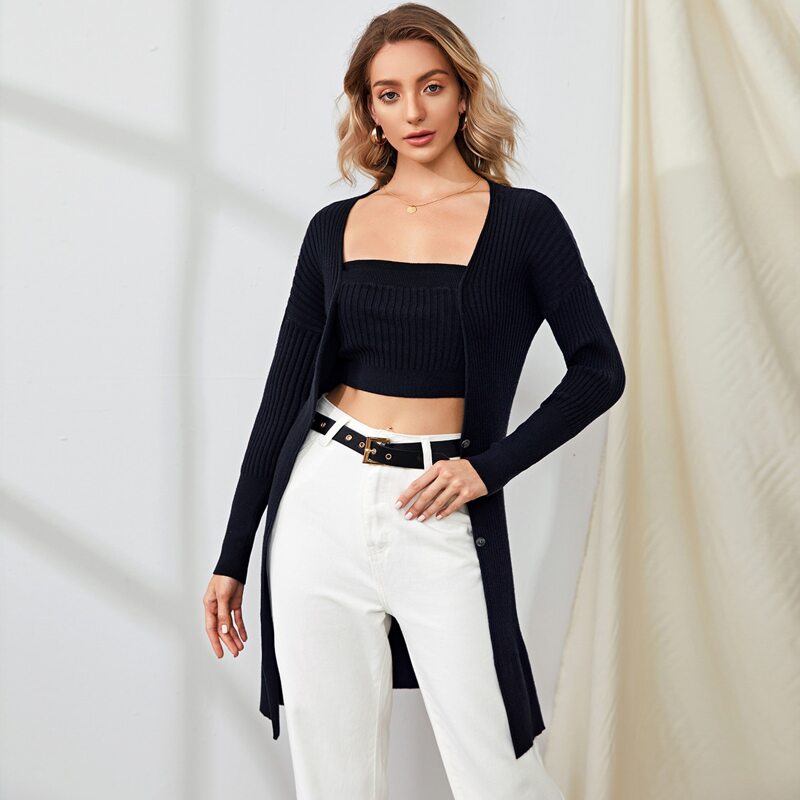

Rib-knit Button Front Longline Cardigan With Tube, Black