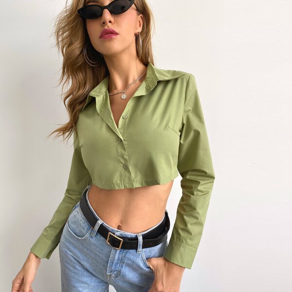 

Button Front Solid Crop Blouse, Lime green