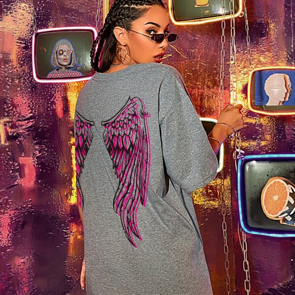 

Wings And Slogan Graphic Oversized Tee, Grey