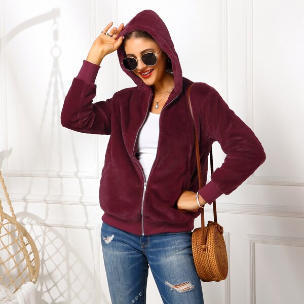 

Fluffy Zip Up Hooded Coat, Maroon