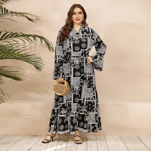 

Plus Paisley Patchwork Notched Ruffle Hem Maxi Dress, Black and white