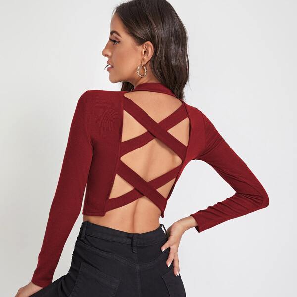 

Criss Cross Backless Crop Top, Burgundy