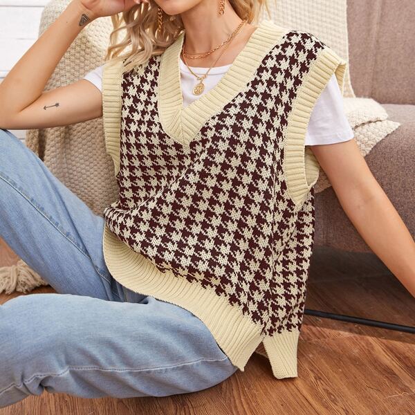 

Houndstooth Side Split Knit Top, Multicolor
