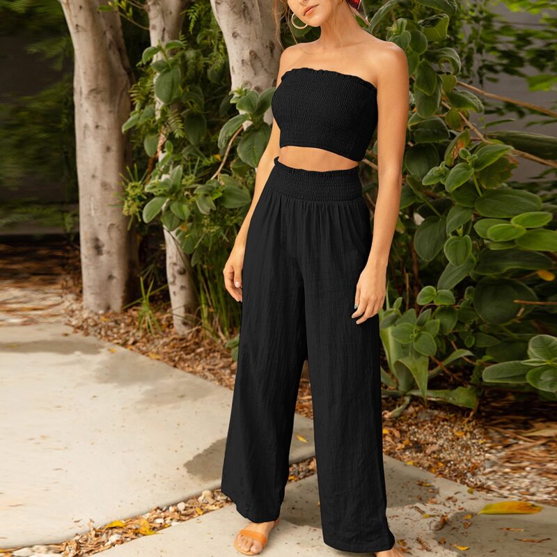 

Solid Shirred Crop Tube Top & Palazzo Pants Set, Black