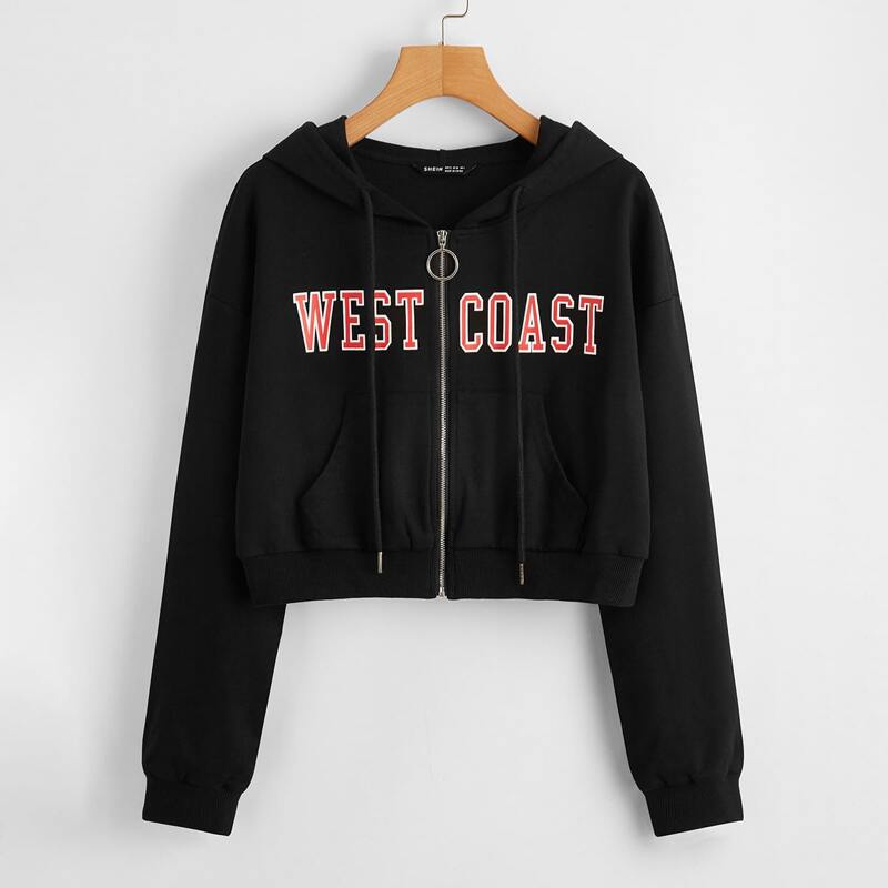 

Letter Graphic Zipped Drawstring Hoodie, Black