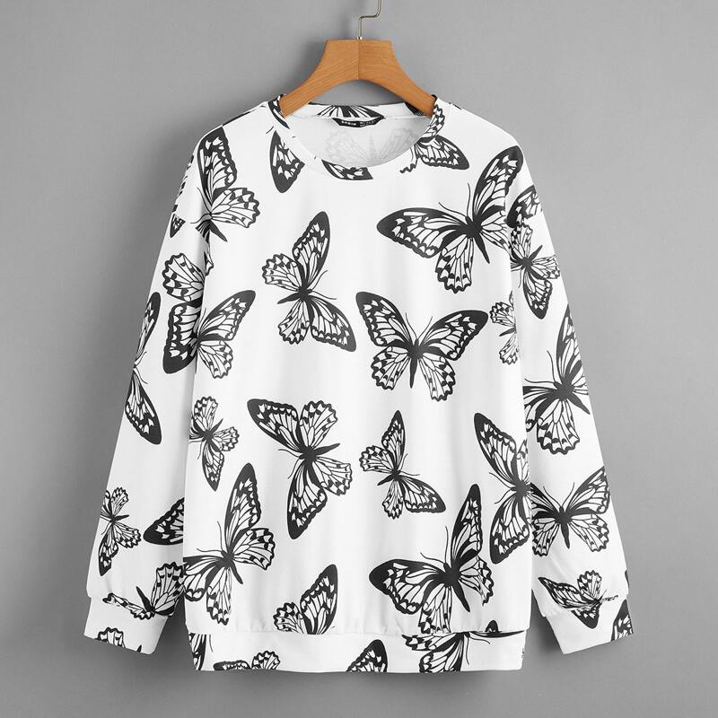 

Drop Shoulder Butterfly Print Pullover, Black and white