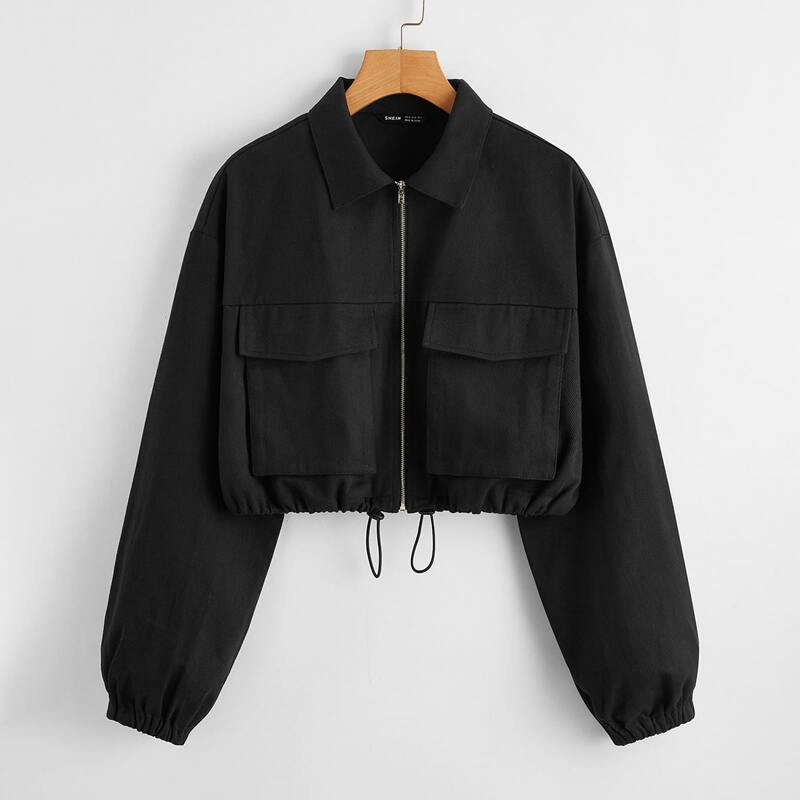 

Drawstring Hem Flap Pocket Zipper Placket Jacket, Black