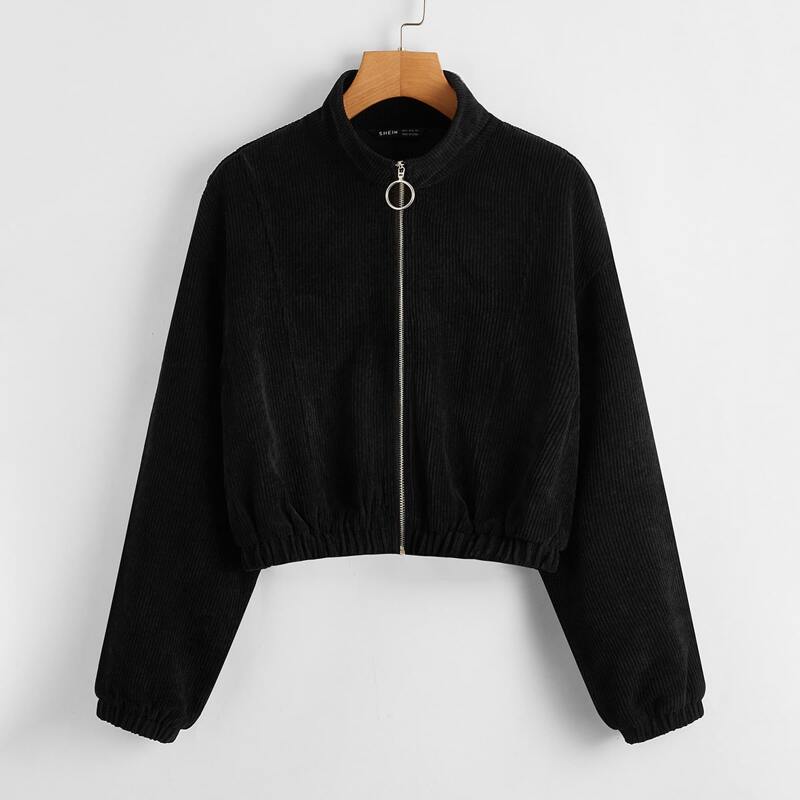 

O-ring Zipper Placket Solid Cord Jacket, Black