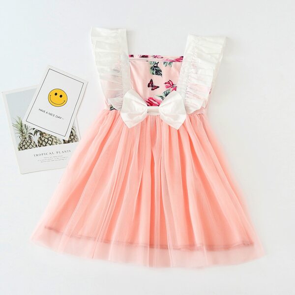 

Toddler Girls Mesh Panel Floral Print Bow Front Dress, Baby pink